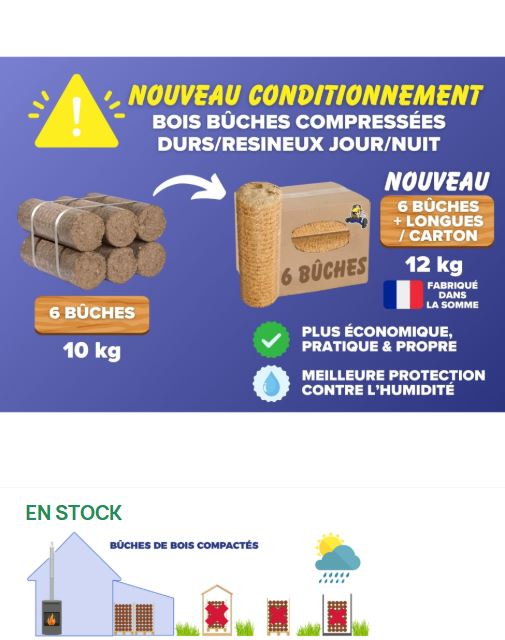 PALETTE DE 80 CARTONS DE 6 BOIS BUCHES COMPRESSEES DURS/RESINEUX JOUR/NUIT